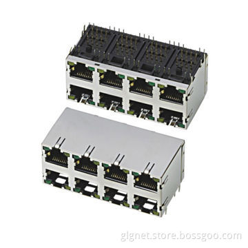 RJ45 Connectors, 2 x 4 Ports with Shielding, LED, R/A Type, 30N Connector Mating Force